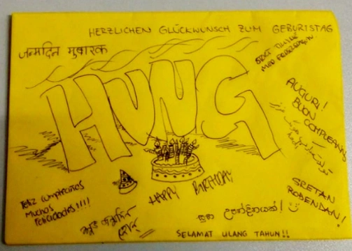 My birthday party card with good wishes in different languages from Flood Risk Management (FRM) Master Students Batch 4 2014-2016.