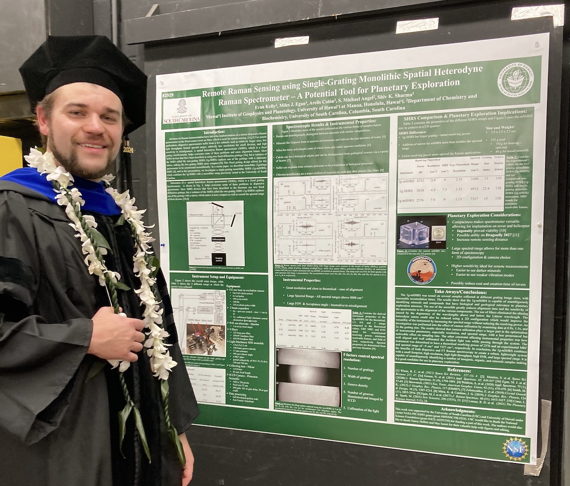 Evan standing next to one of his posters in Honolulu, Hawaii right after graduating with his Ph.D.