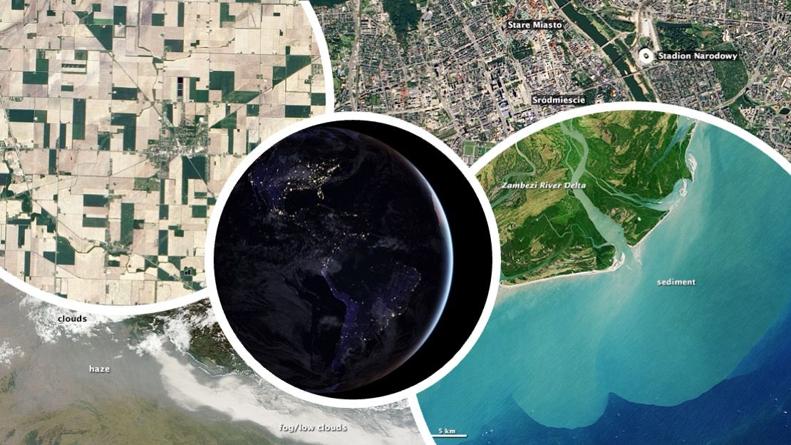 Montage of 5 overlapping satellite images. Upper left corner is a beige and green gridded image of farmland. Upper right corner is Landsat image of Warsaw, Poland.. Lower right is satellite image of Zambezi River Delta in green hues with aqua colored waters with sediment near coast and darker blue ocean waters further offshore. Lower left image is of fog, haze and clouds over land. And center circular image is a Black Marble global night image of city lights across across portions of the Earth